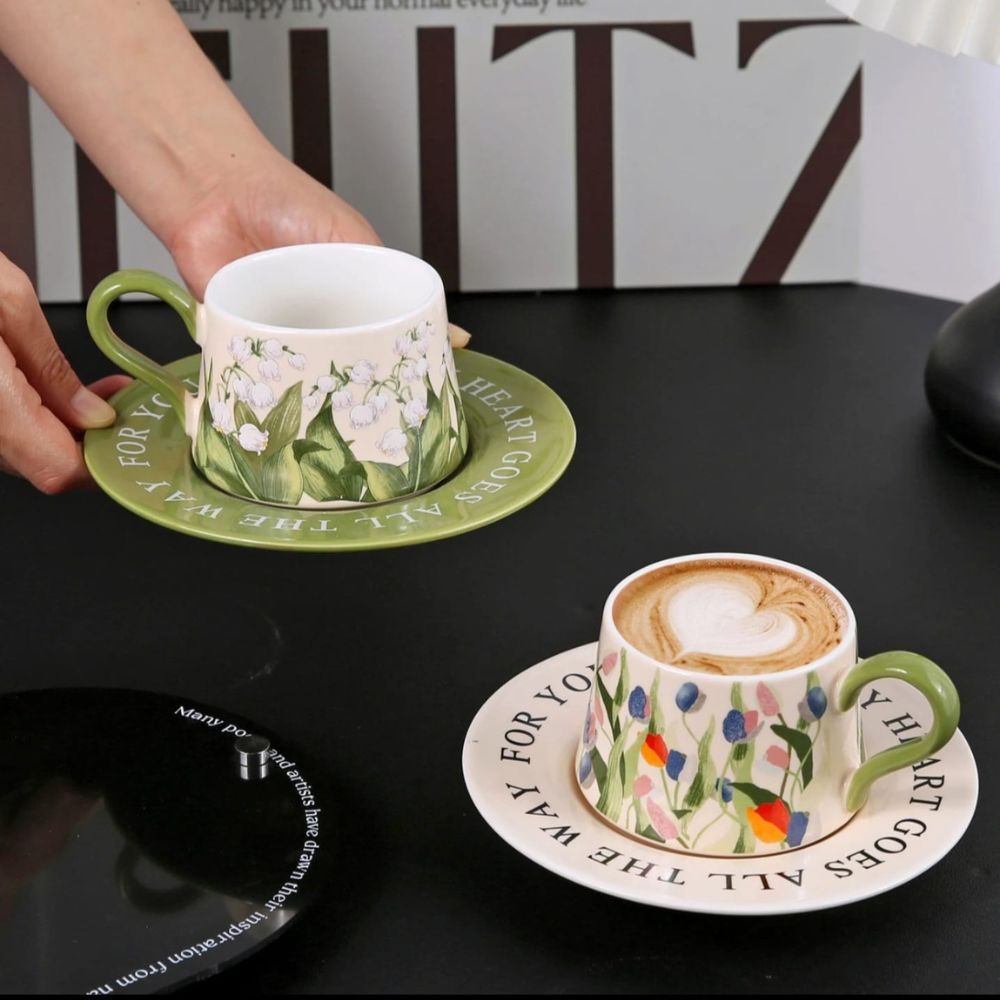 6pc Retro Hand printed cup and saucer set
