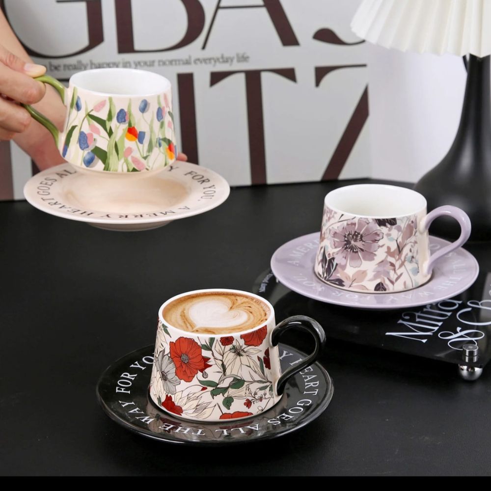 6pc Retro Hand printed cup and saucer set