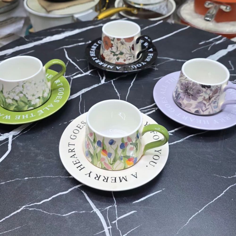 6pc Retro hand printed cup and saucer set